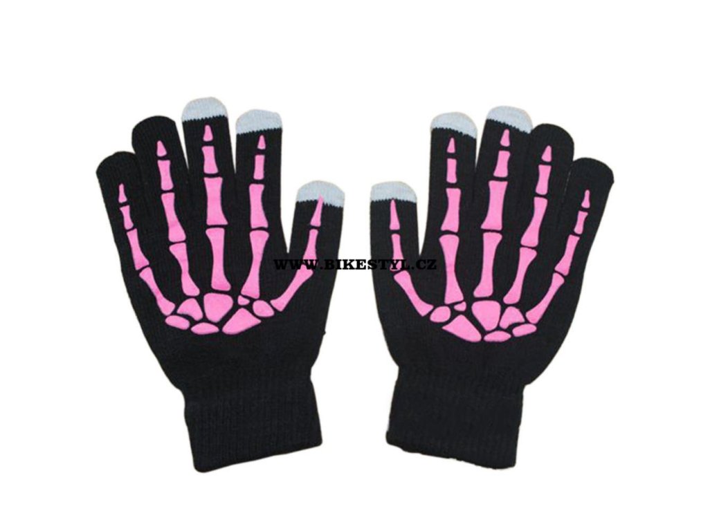 pletené rukavice kostlivec black-pink